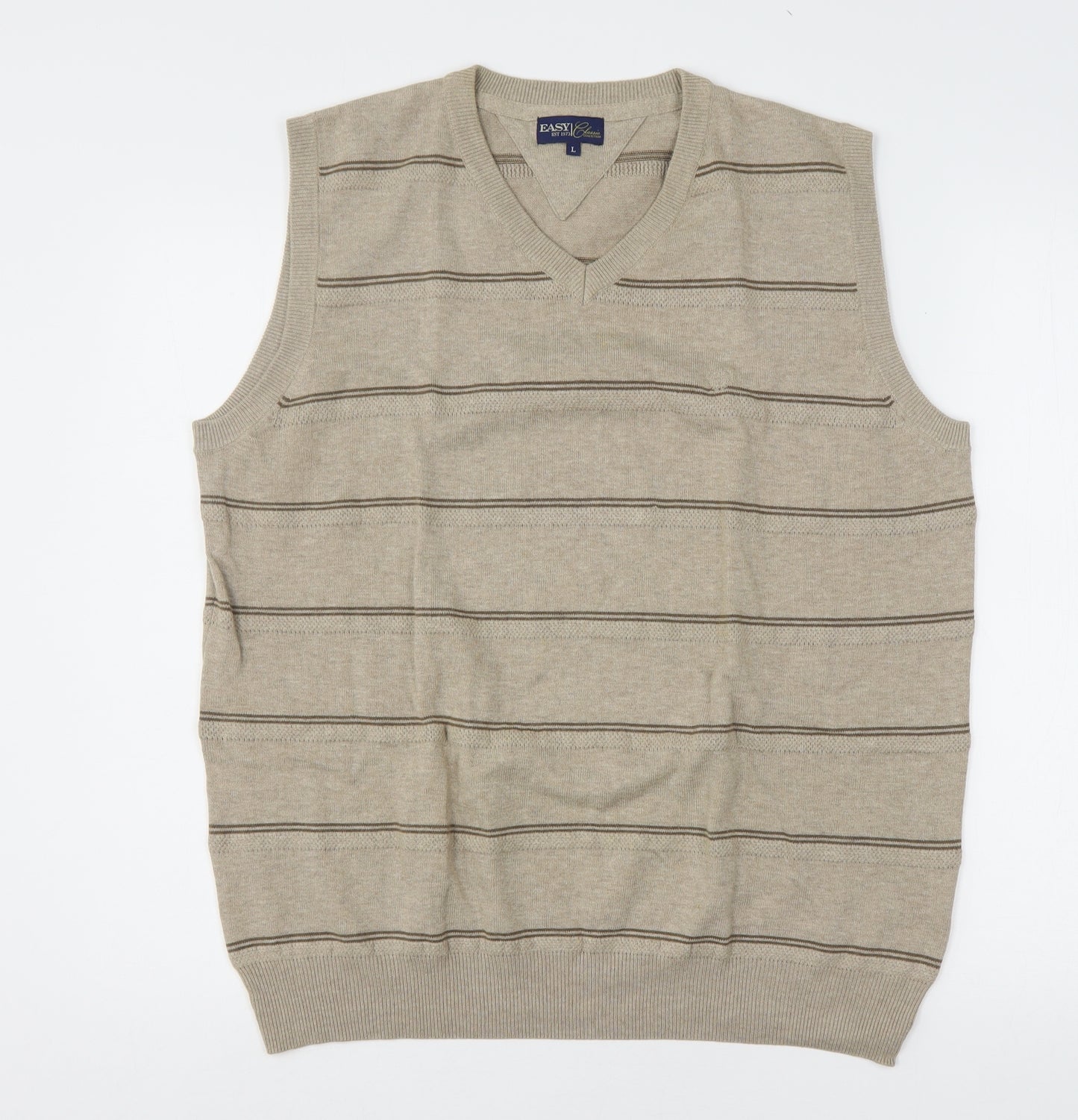 Easy Mens Beige V-Neck Striped Cotton Vest Jumper Size L