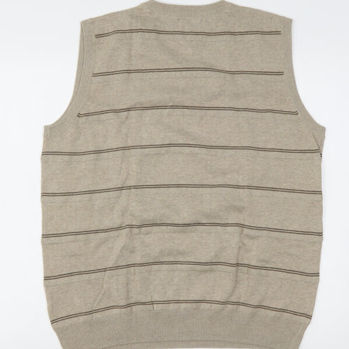 Easy Mens Beige V-Neck Striped Cotton Vest Jumper Size L