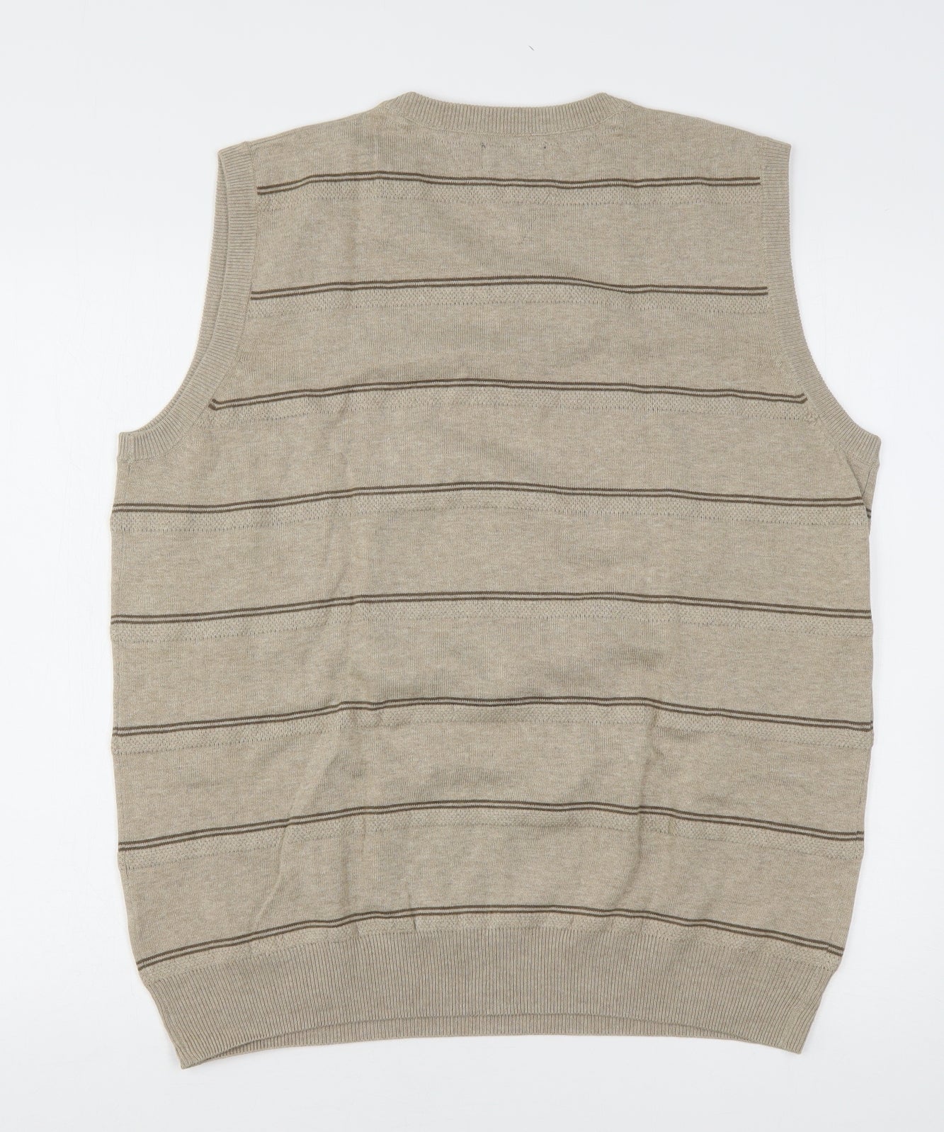 Easy Mens Beige V-Neck Striped Cotton Vest Jumper Size L