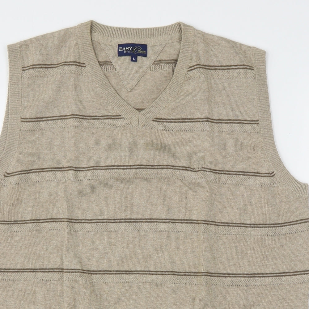 Easy Mens Beige V-Neck Striped Cotton Vest Jumper Size L