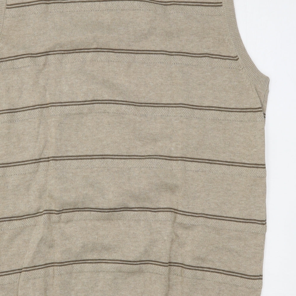 Easy Mens Beige V-Neck Striped Cotton Vest Jumper Size L