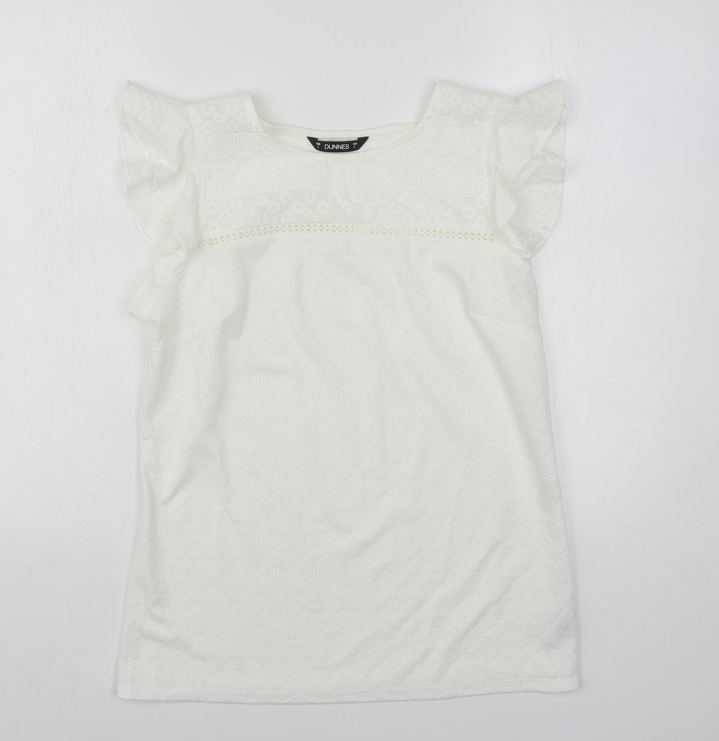 Dunnes Stores Womens White Floral Cotton Basic T-Shirt Size S Round Neck