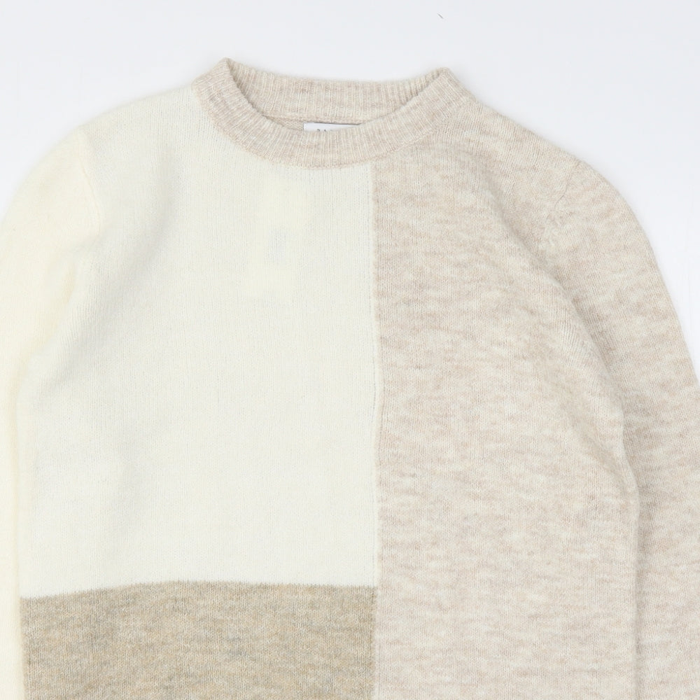Papaya Womens Beige Round Neck Check Polyester Pullover Jumper Size S