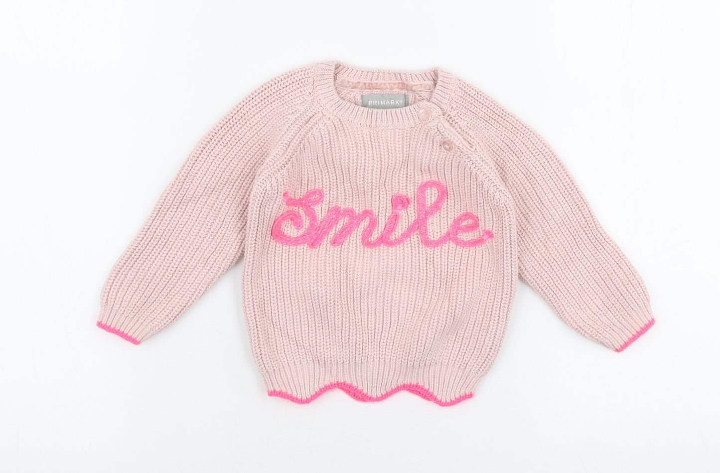 Primark Girls Pink  100% Cotton Pullover Jumper Size 9-12 Months  Button - Smile