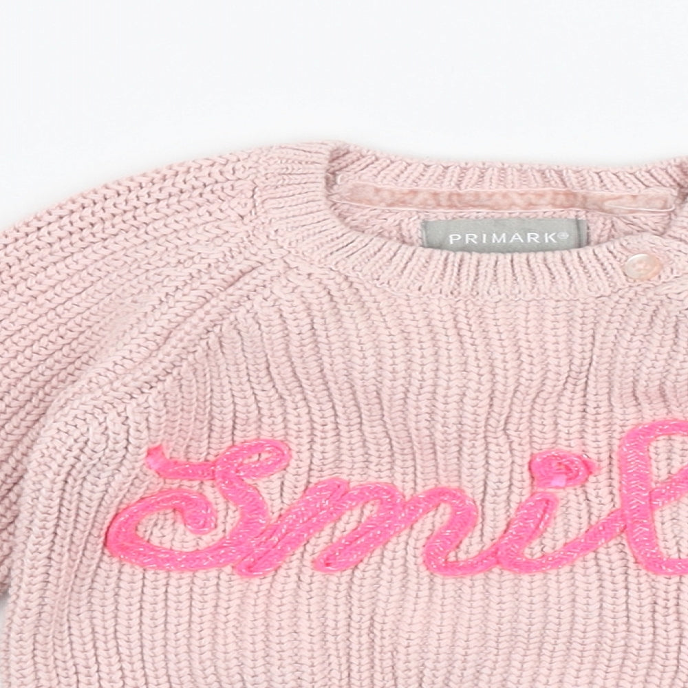 Primark Girls Pink  100% Cotton Pullover Jumper Size 9-12 Months  Button - Smile