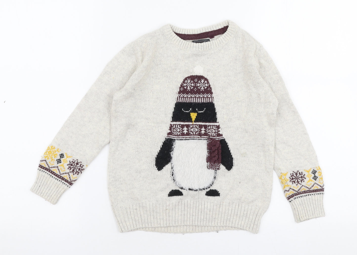 TU Boys Beige Round Neck  Cotton Pullover Jumper Size 4-5 Years  Pullover - Christmas Penguin