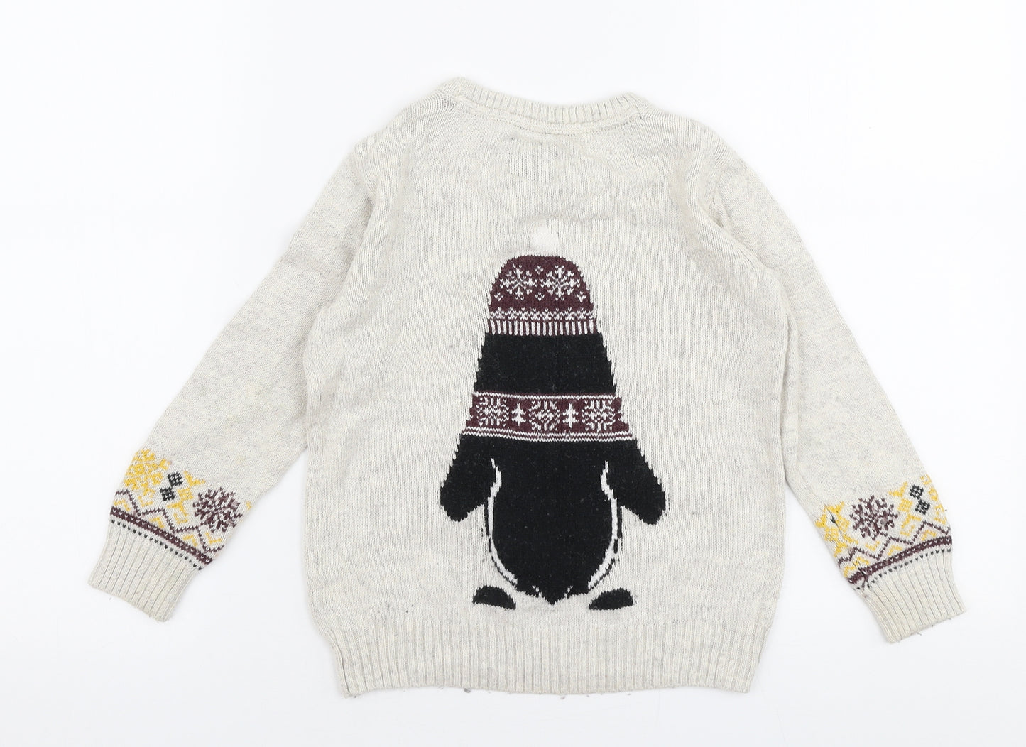 TU Boys Beige Round Neck  Cotton Pullover Jumper Size 4-5 Years  Pullover - Christmas Penguin