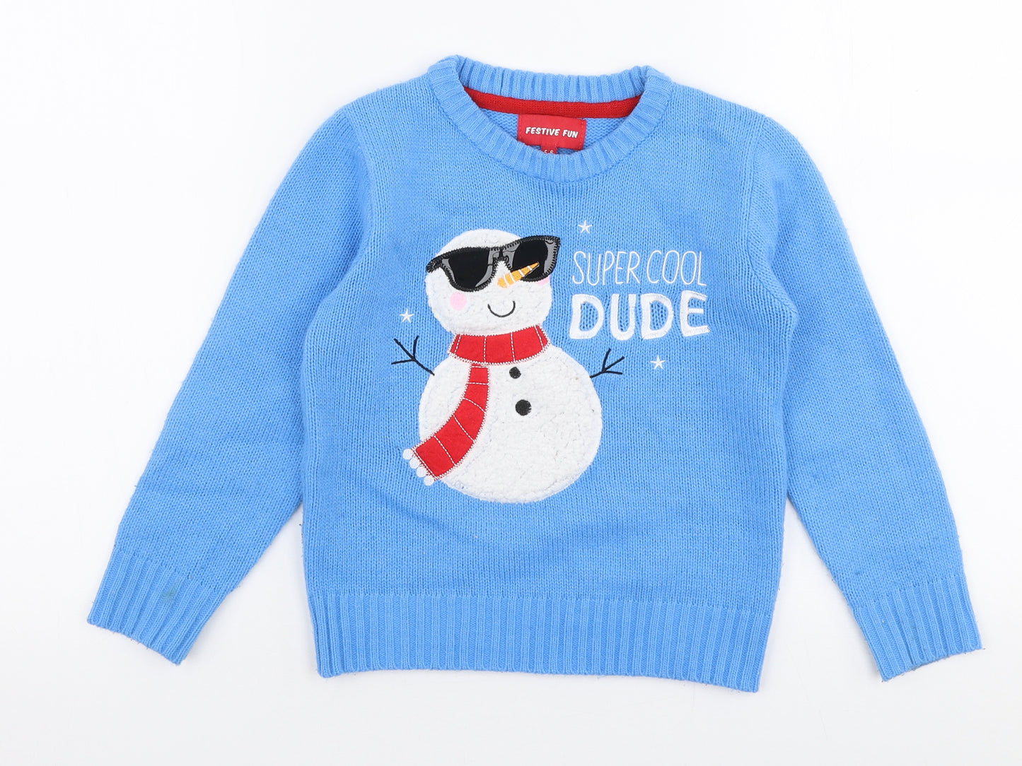 Festive Fun Boys Blue Round Neck  Acrylic Pullover Jumper Size 5-6 Years  Pullover - Christmas