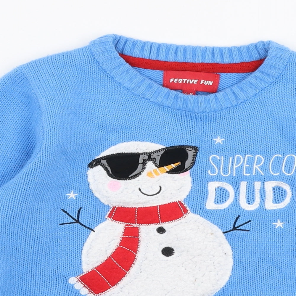 Festive Fun Boys Blue Round Neck  Acrylic Pullover Jumper Size 5-6 Years  Pullover - Christmas