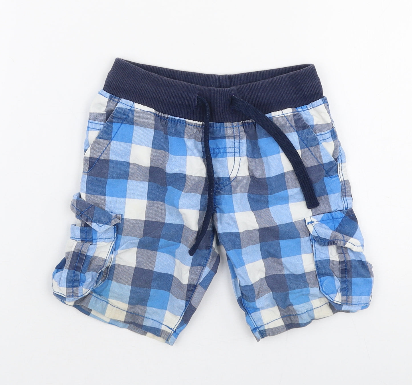Marks and Spencer Boys Blue Check Cotton Cargo Shorts Size 2-3 Years  Regular Drawstring