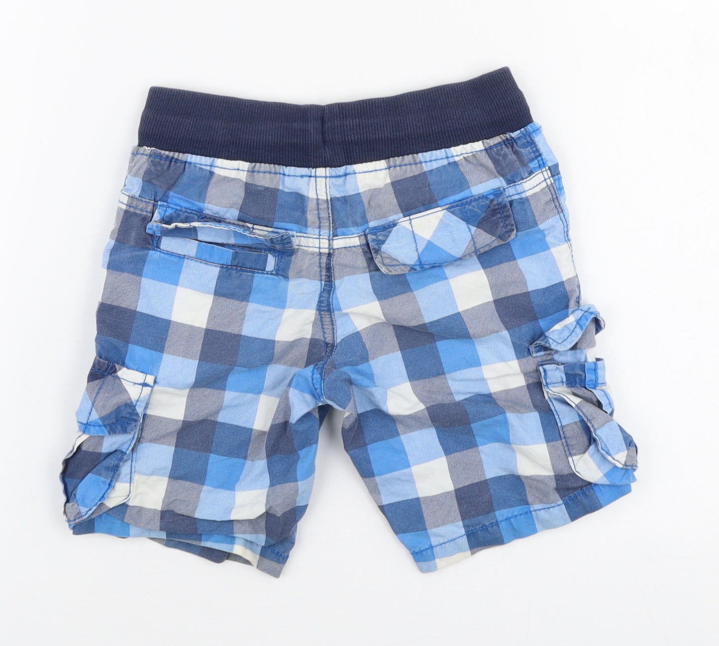 Marks and Spencer Boys Blue Check Cotton Cargo Shorts Size 2-3 Years  Regular Drawstring