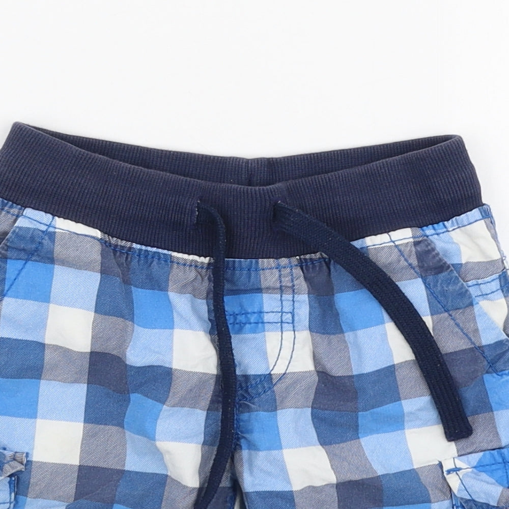 Marks and Spencer Boys Blue Check Cotton Cargo Shorts Size 2-3 Years  Regular Drawstring