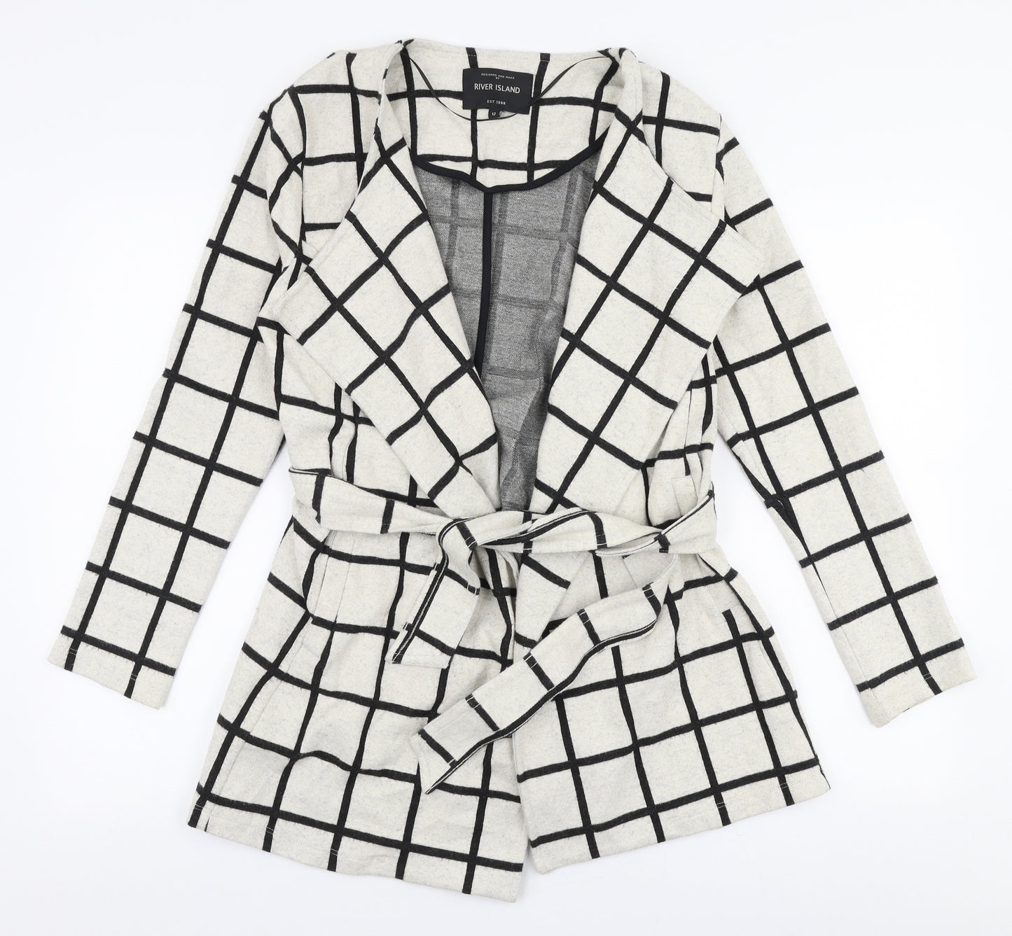 River Island Womens White Check  Overcoat Coat Size 12  Tie