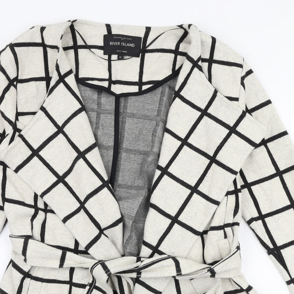 River Island Womens White Check  Overcoat Coat Size 12  Tie