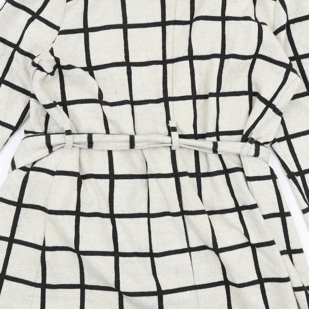 River Island Womens White Check  Overcoat Coat Size 12  Tie