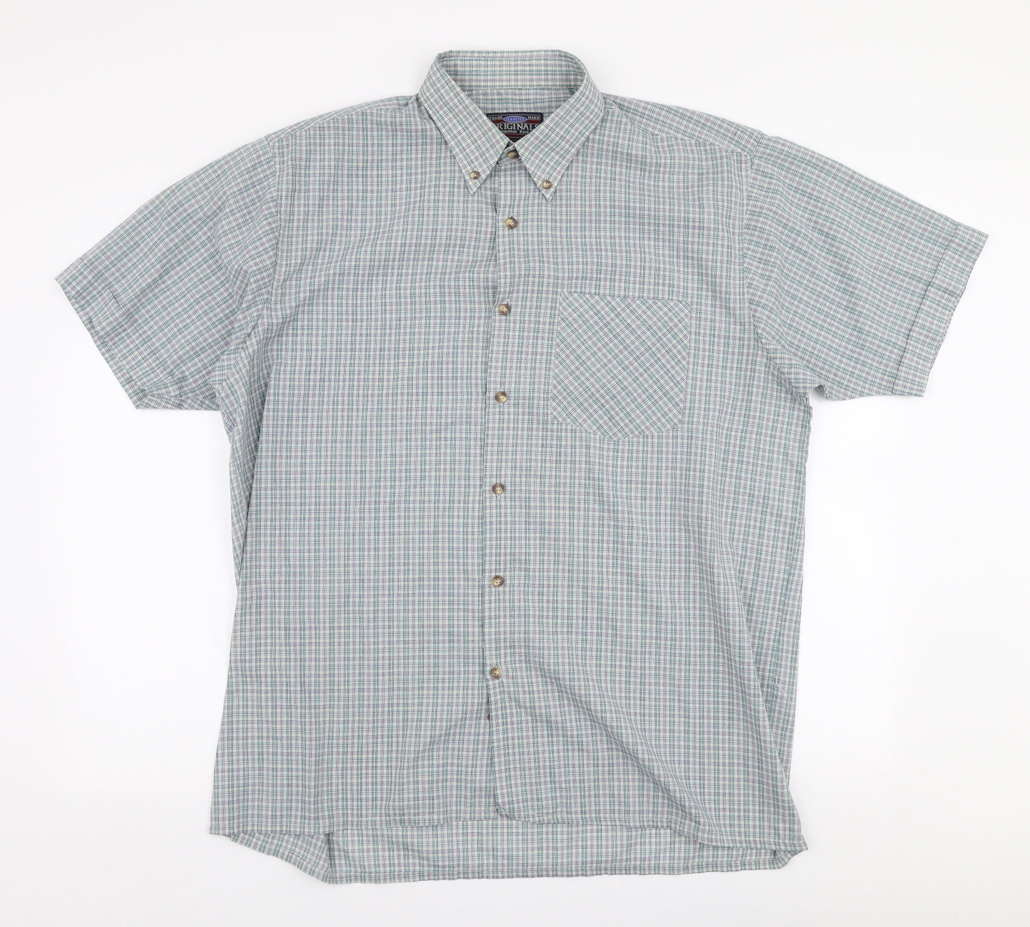 Originals Mens Blue Plaid Polyester  Button-Up Size L Collared Button