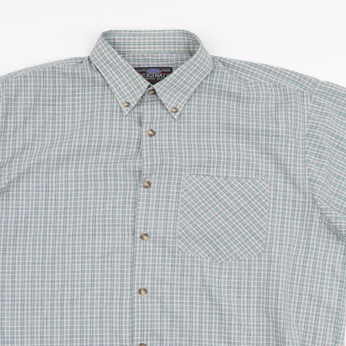 Originals Mens Blue Plaid Polyester  Button-Up Size L Collared Button