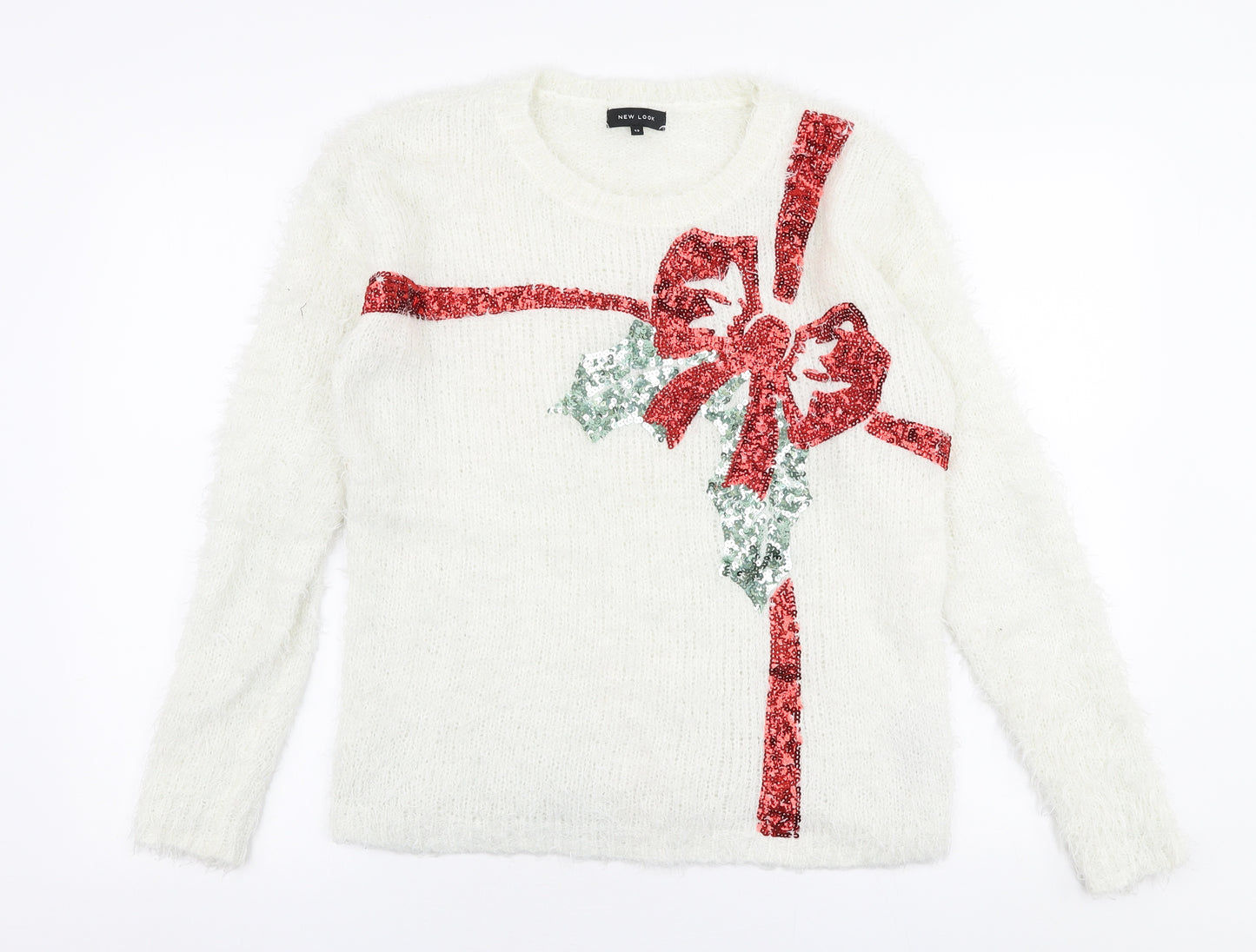 New Look Womens White Round Neck  Polyester Pullover Jumper Size 12   - Christmas Bow