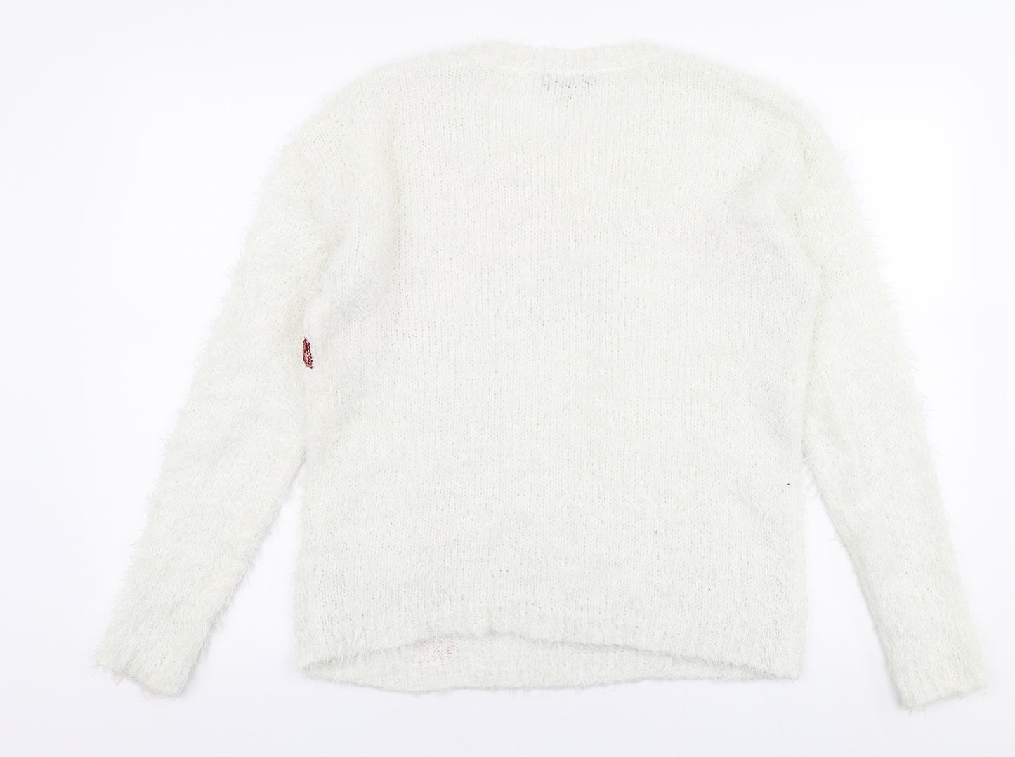 New Look Womens White Round Neck  Polyester Pullover Jumper Size 12   - Christmas Bow