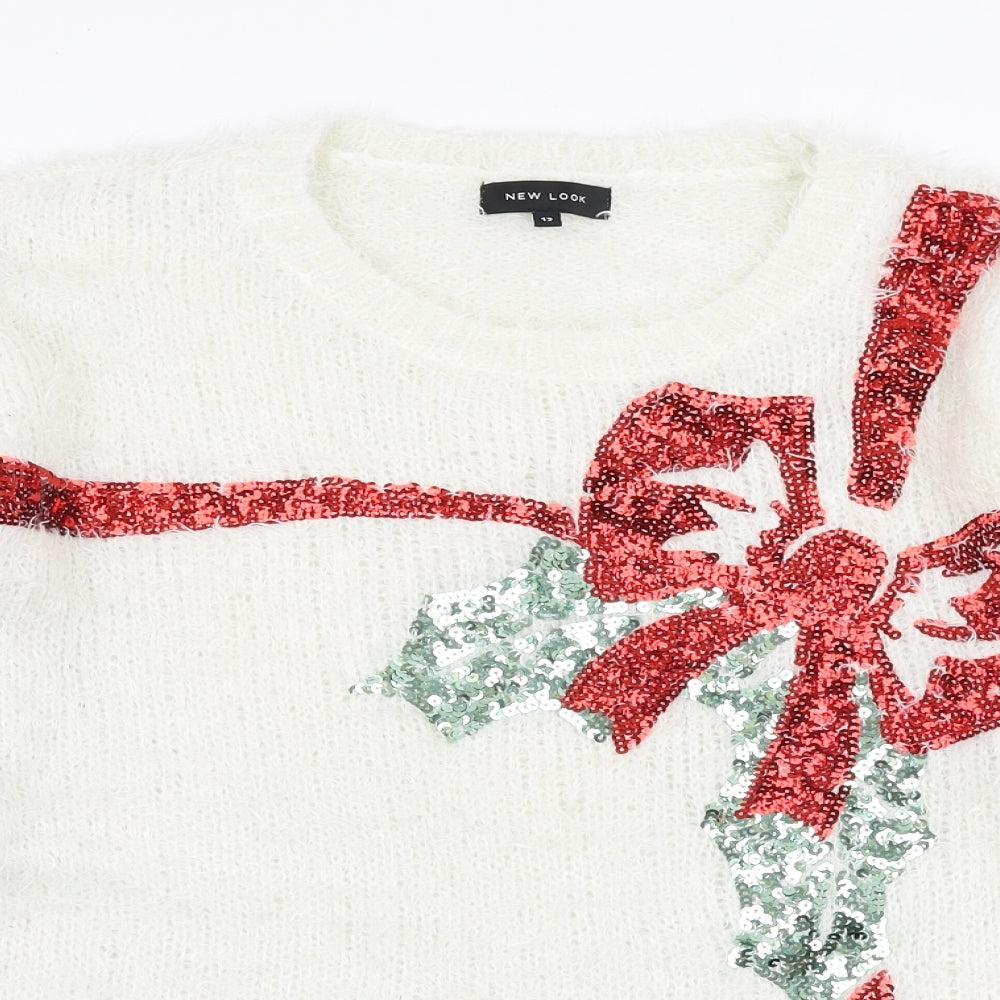 New Look Womens White Round Neck  Polyester Pullover Jumper Size 12   - Christmas Bow