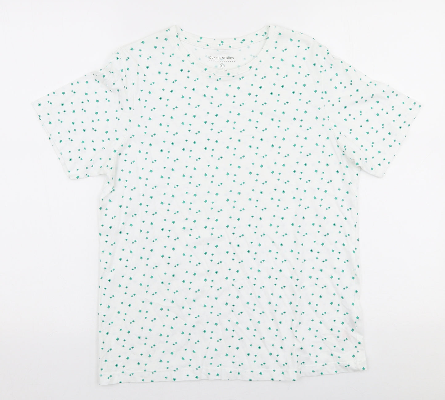 Dunnes Womens White Floral 100% Cotton Jersey T-Shirt Size S Round Neck