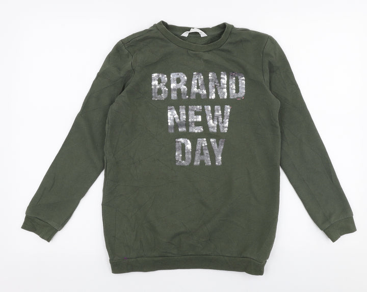 H&M Girls Green  Cotton Pullover Sweatshirt Size 11-12 Years  Pullover - Reversible sequins