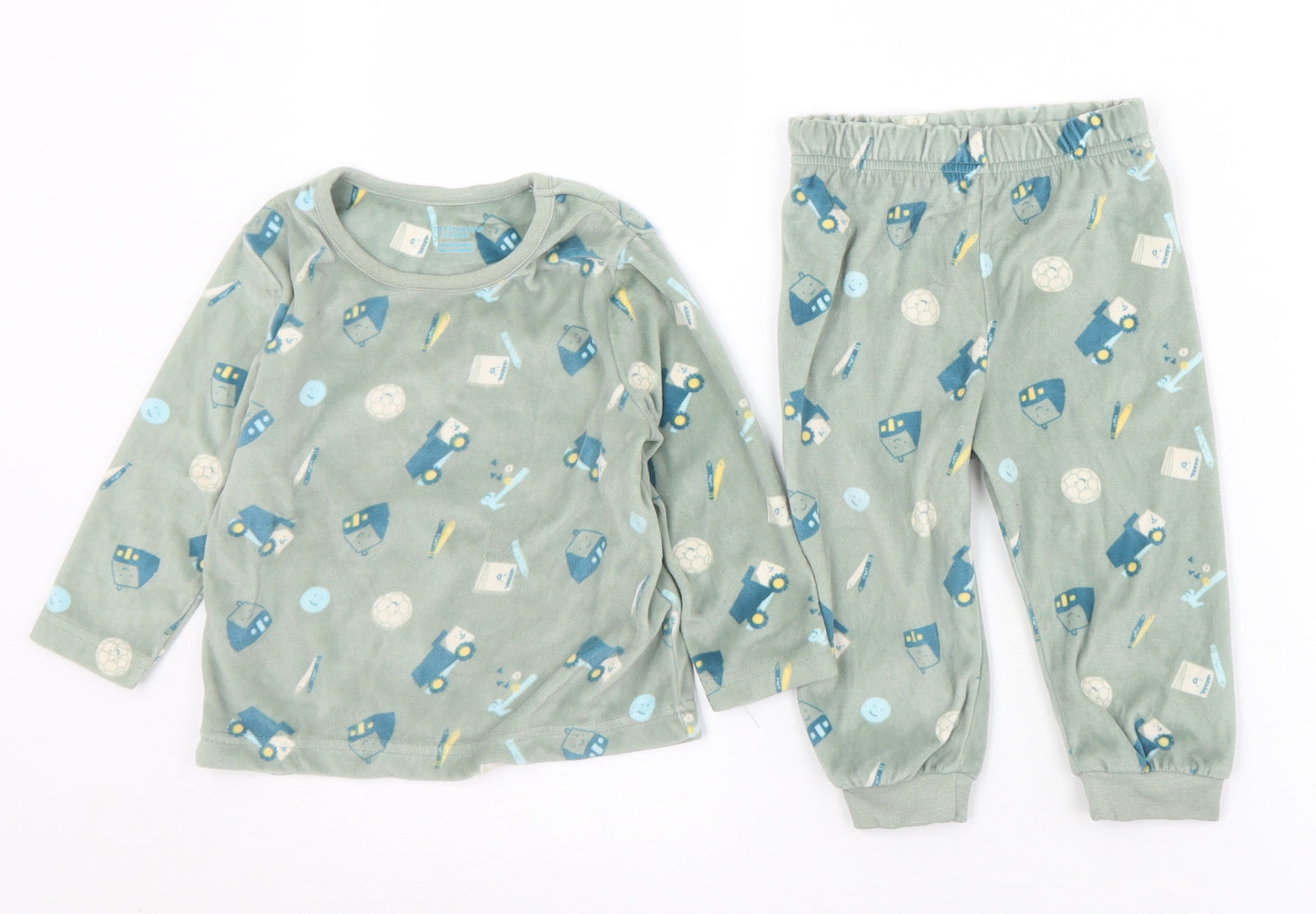 Primark Boys Green Geometric Polyester Cami Pyjama Set Size 9-12 Months   - Trucks. Footballs.