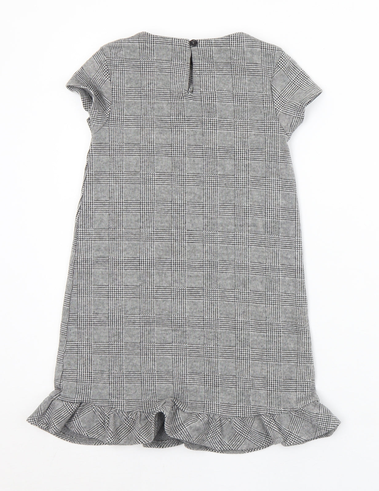 NEXT Girls Grey Check Cotton Shift  Size 7 Years  Mock Neck Button