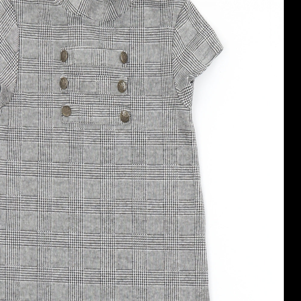NEXT Girls Grey Check Cotton Shift  Size 7 Years  Mock Neck Button