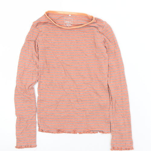 name it Girls Orange Striped Cotton Basic T-Shirt Size 7-8 Years Round Neck