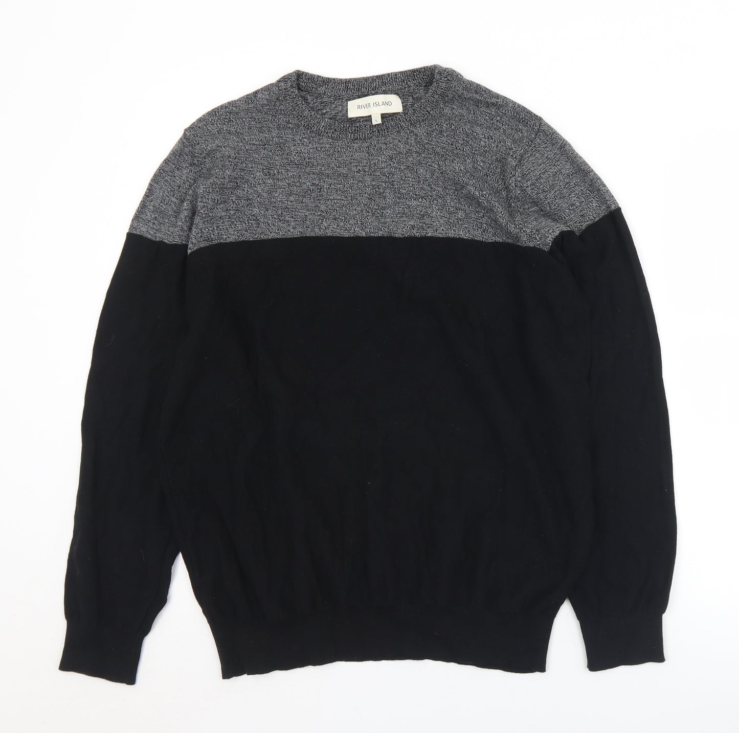 River Island Mens Black Crew Neck  Cotton Pullover Jumper Size L