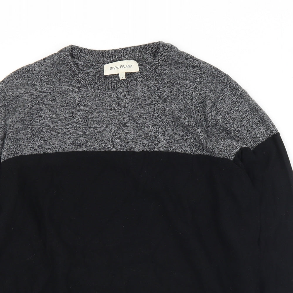 River Island Mens Black Crew Neck  Cotton Pullover Jumper Size L