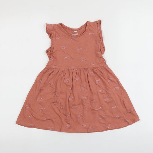 H&M Girls Pink Geometric 100% Cotton Skater Dress  Size 2 Years  Round Neck  - Rainbow Pattern