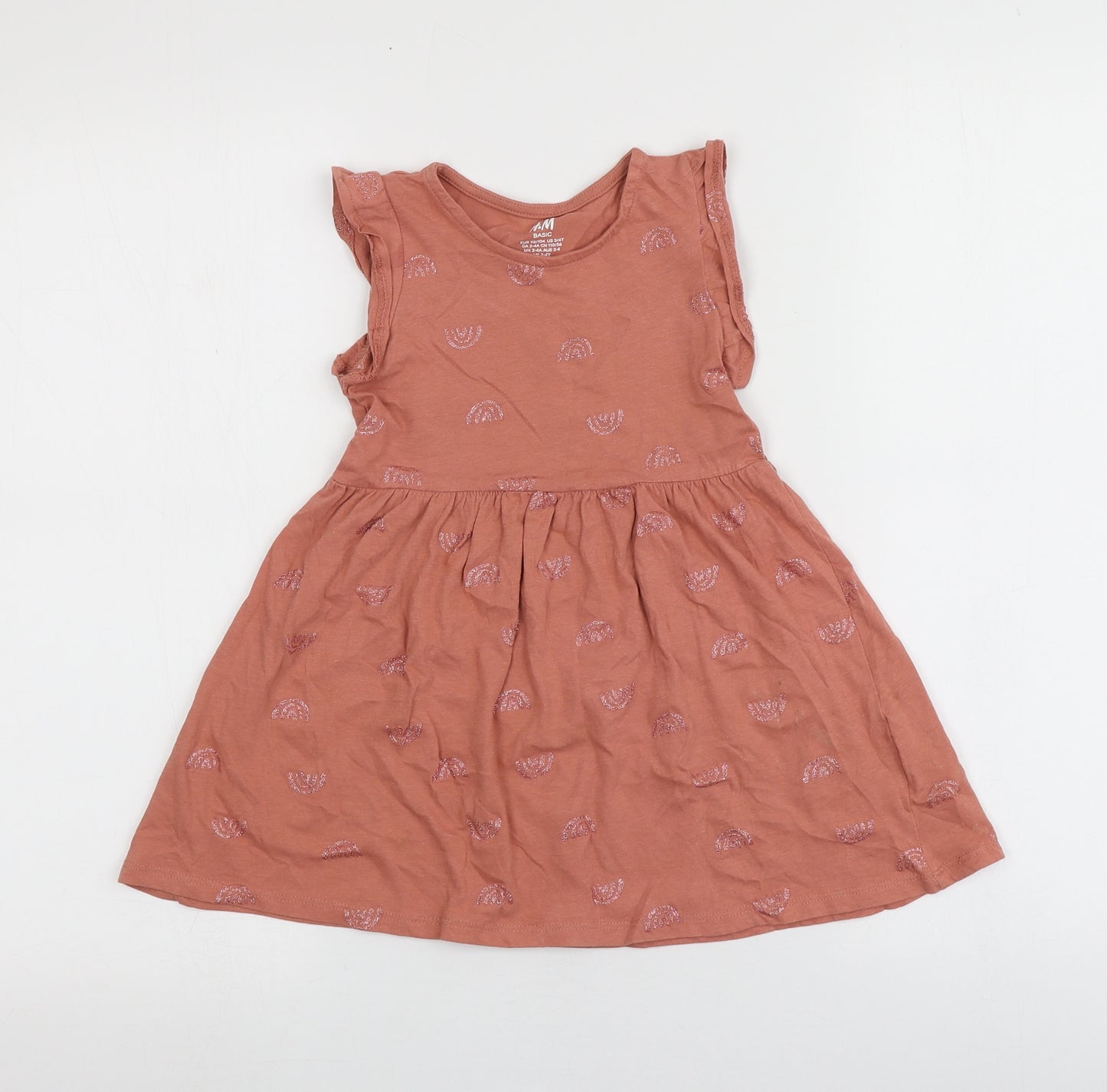 H&M Girls Pink Geometric 100% Cotton Skater Dress  Size 2 Years  Round Neck  - Rainbow Pattern
