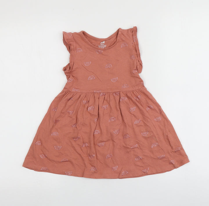 H&M Girls Pink Geometric 100% Cotton Skater Dress  Size 2 Years  Round Neck  - Rainbow Pattern
