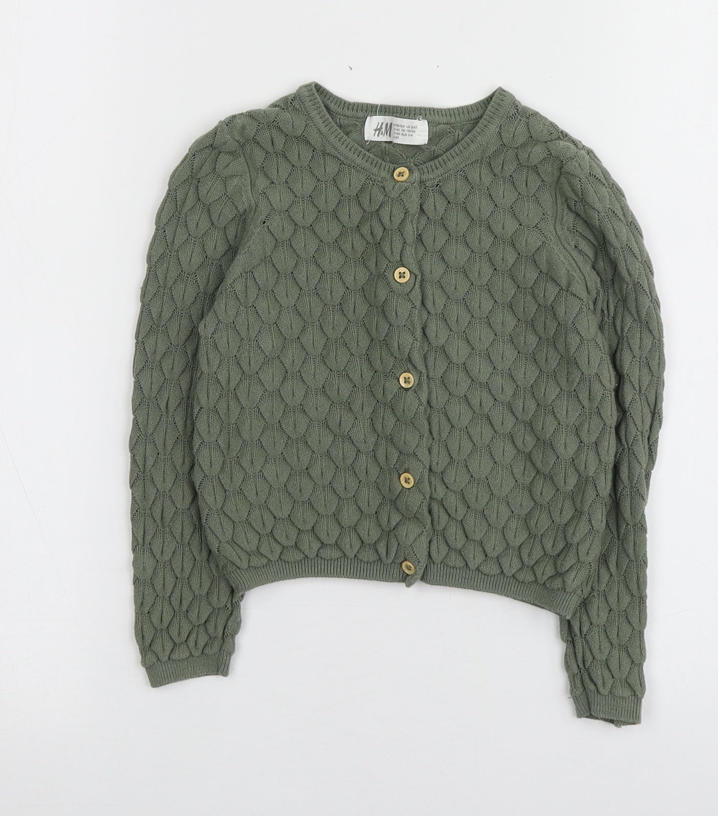 H&M Girls Green Round Neck  100% Cotton Cardigan Jumper Size 2-3 Years