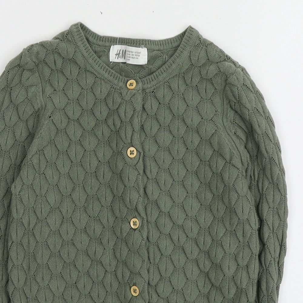 H&M Girls Green Round Neck  100% Cotton Cardigan Jumper Size 2-3 Years