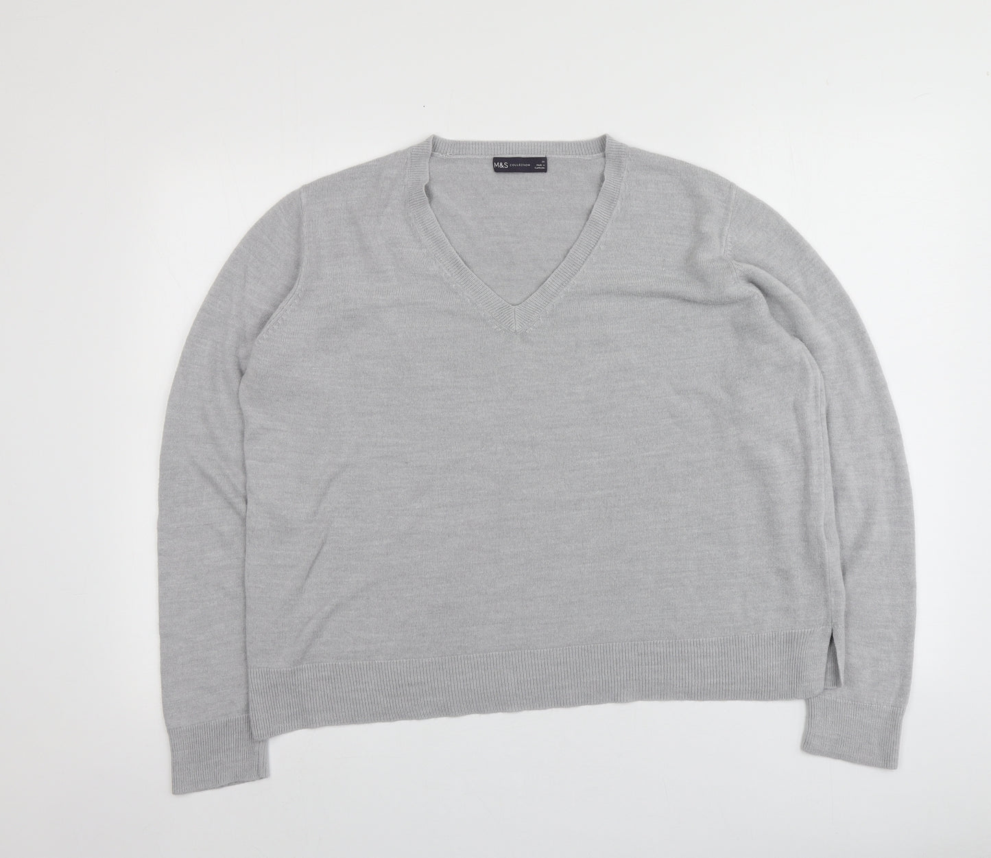 M&S Womens Grey V-Neck  Acrylic Pullover Jumper Size 20