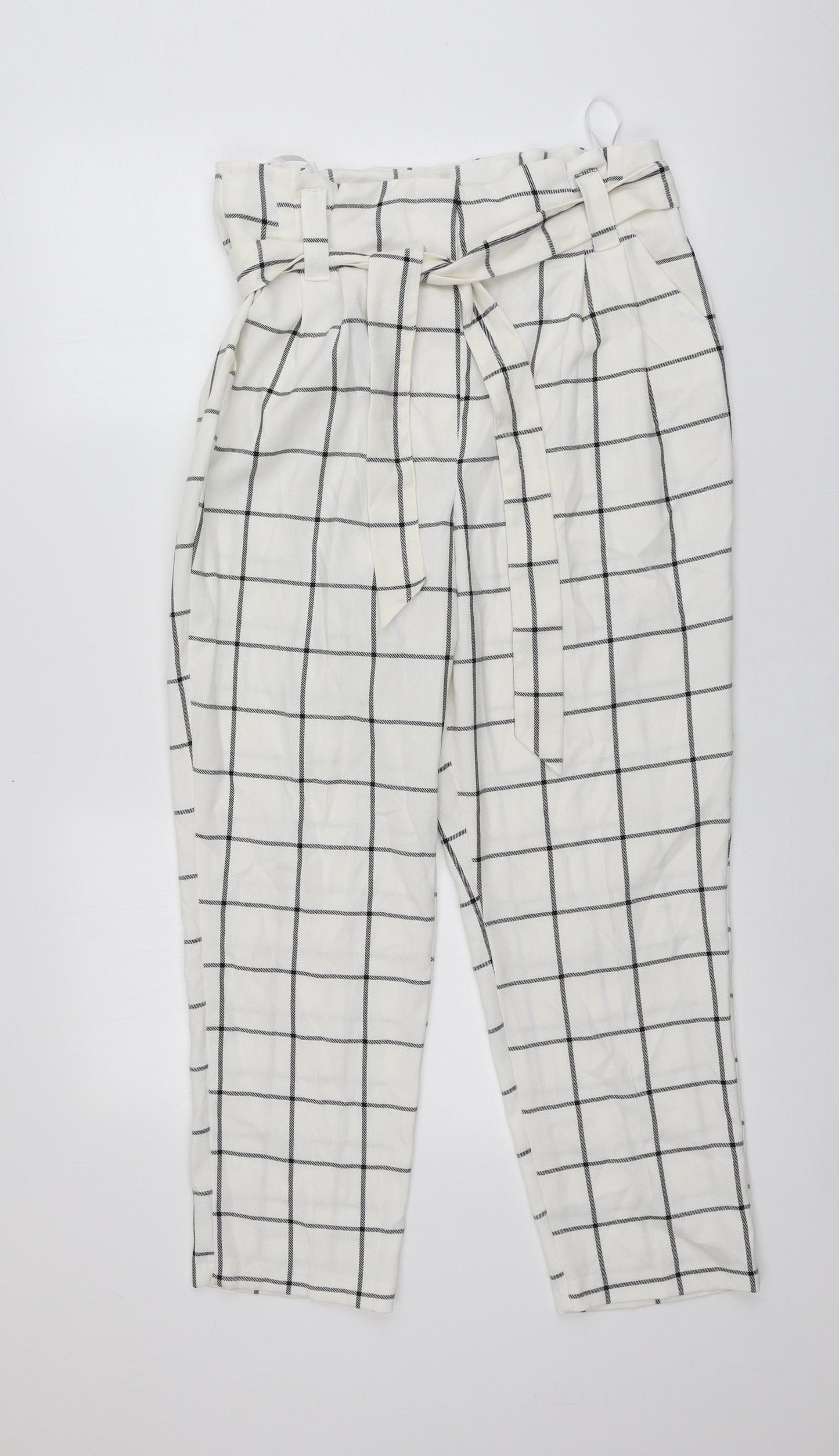 Primark Womens Ivory Plaid Polyester Carrot Trousers Size 14 L24 in Regular