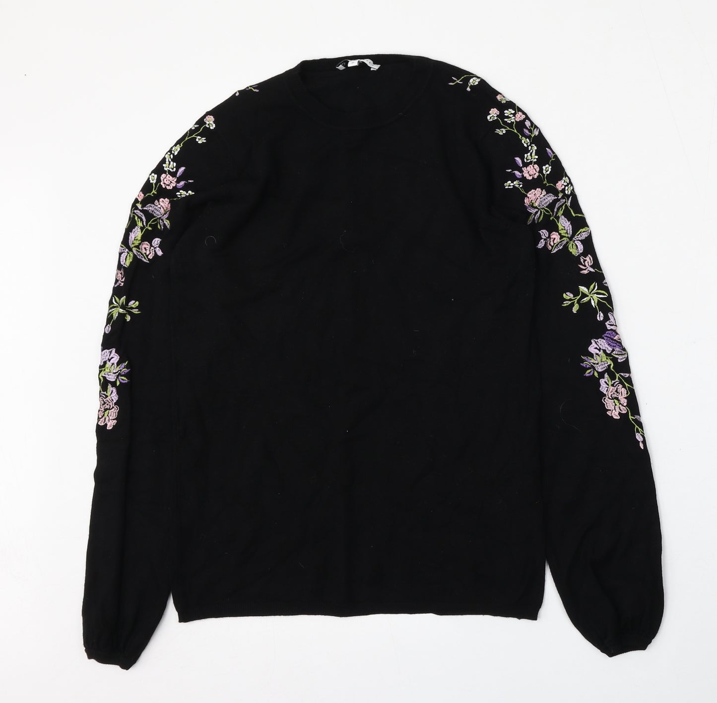 Warehouse Womens Black Round Neck Floral Viscose Pullover Jumper Size 10