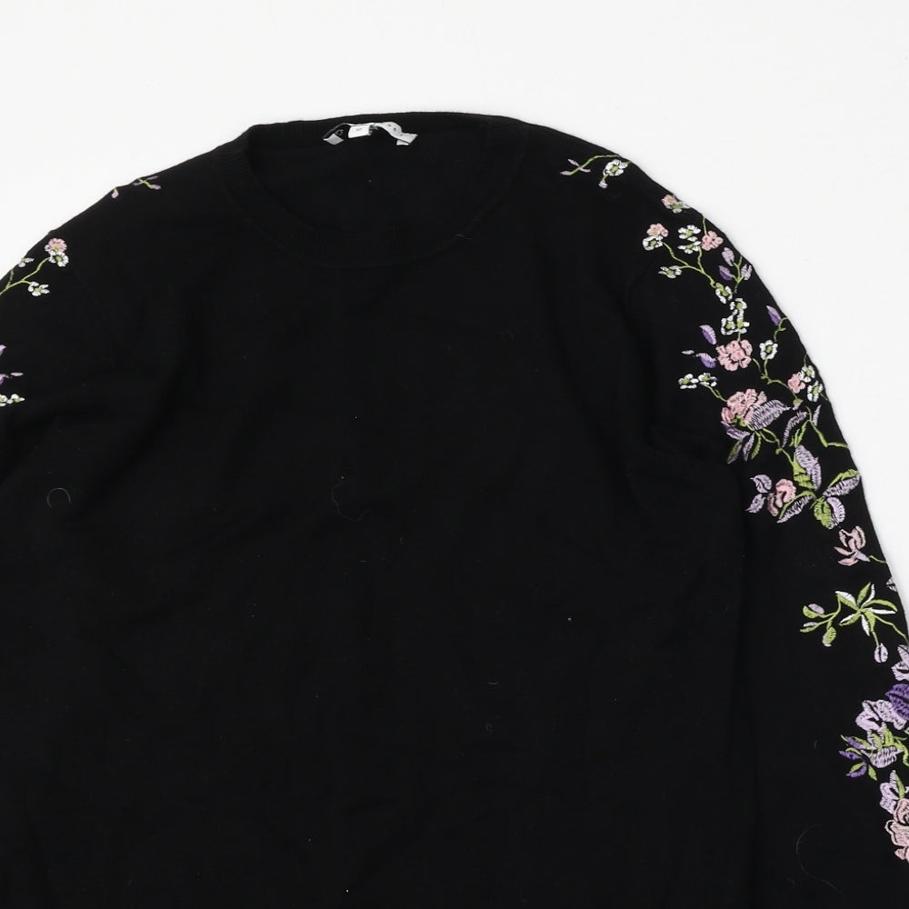 Warehouse Womens Black Round Neck Floral Viscose Pullover Jumper Size 10