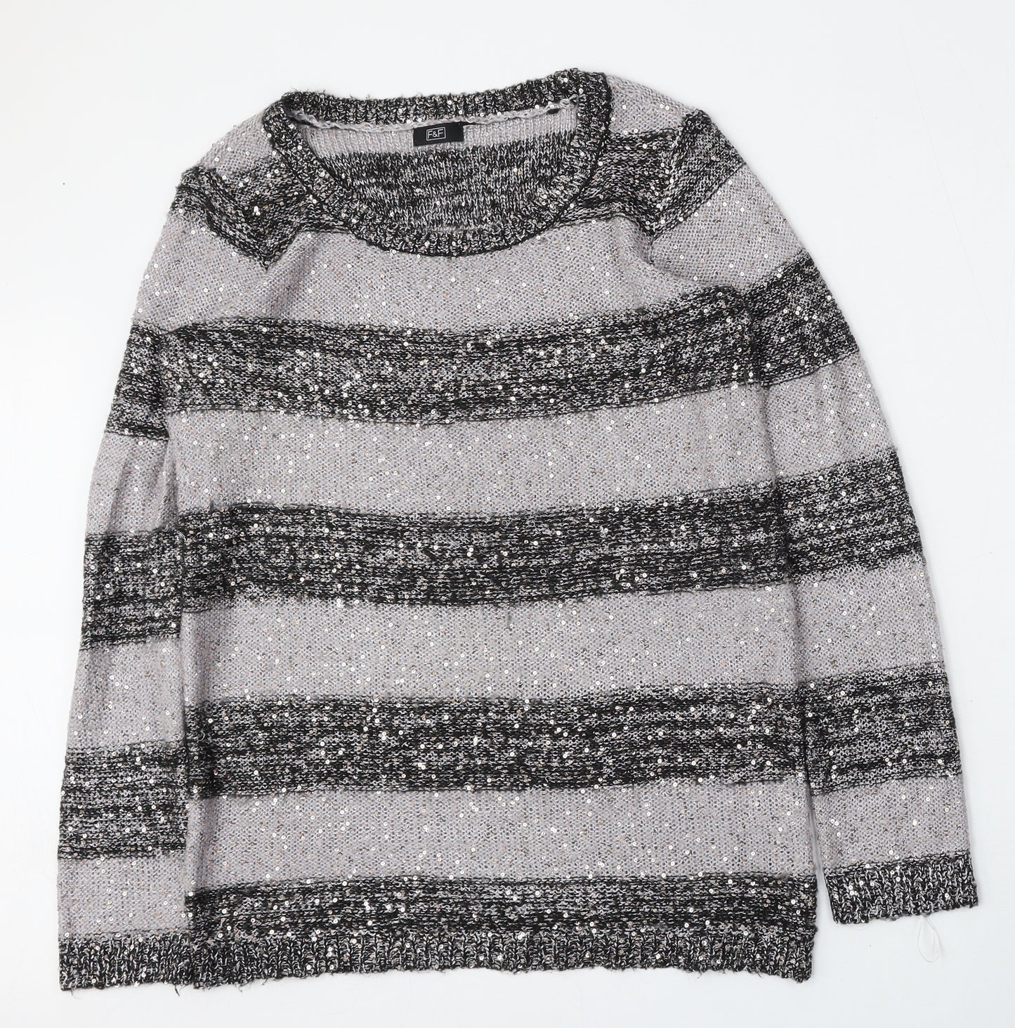F&F Womens Grey Round Neck Striped Polyester Pullover Jumper Size 14