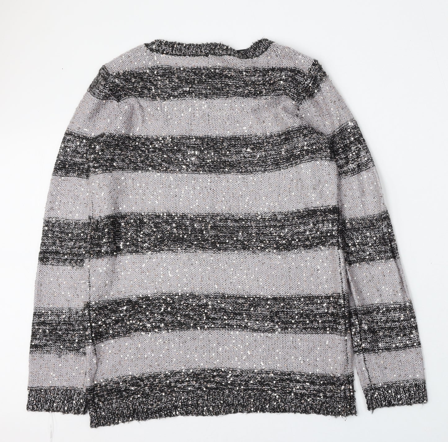 F&F Womens Grey Round Neck Striped Polyester Pullover Jumper Size 14