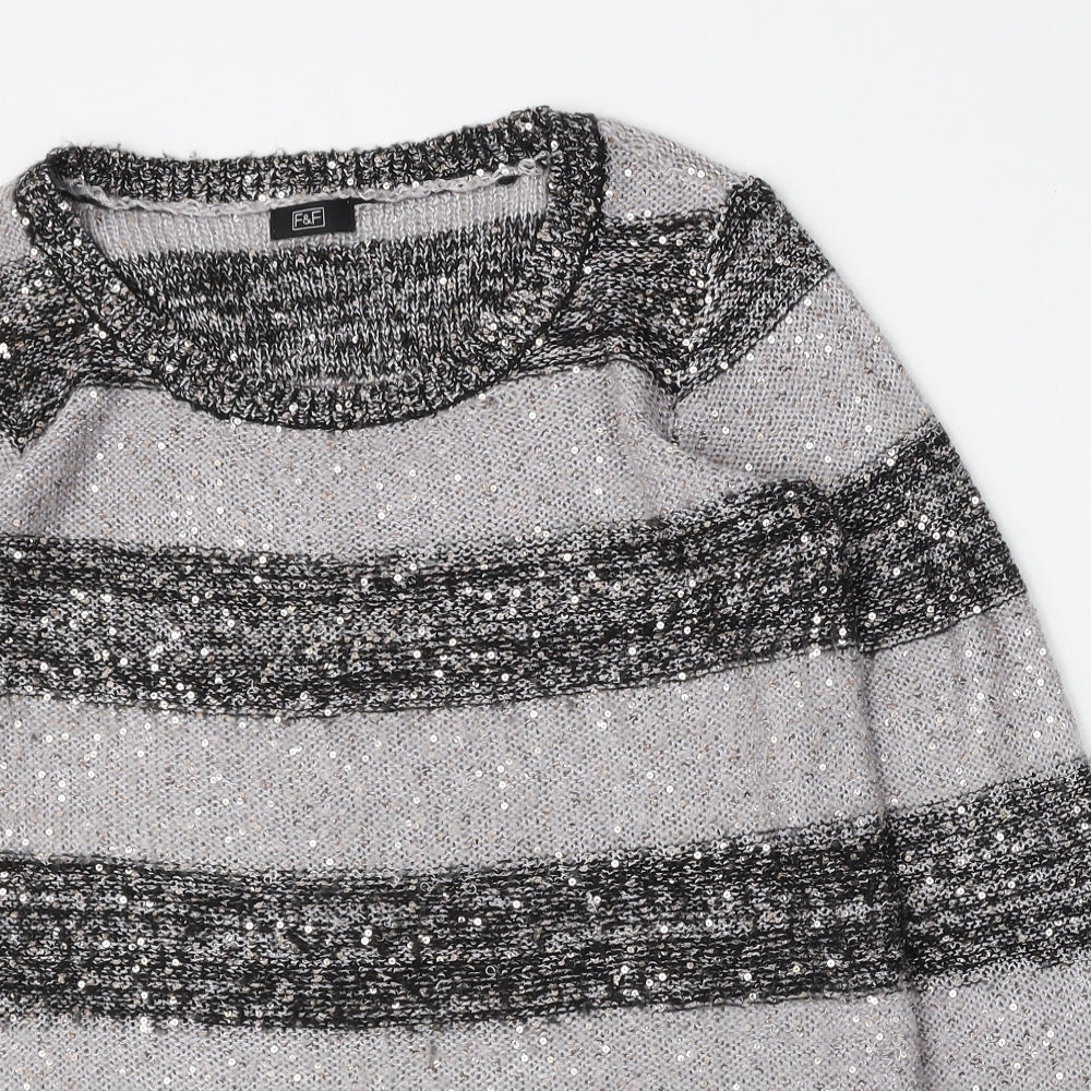F&F Womens Grey Round Neck Striped Polyester Pullover Jumper Size 14