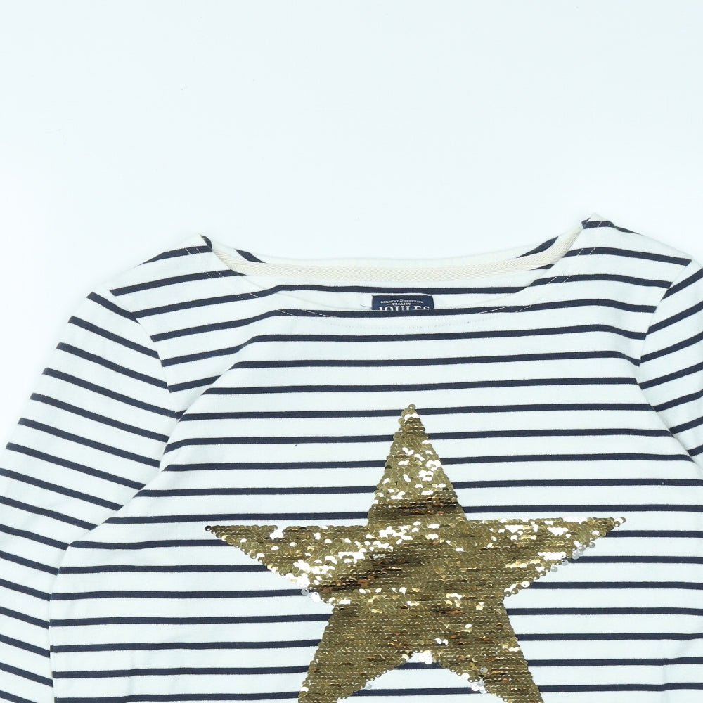 Joules Womens White Round Neck Striped Cotton Pullover Jumper Size 12