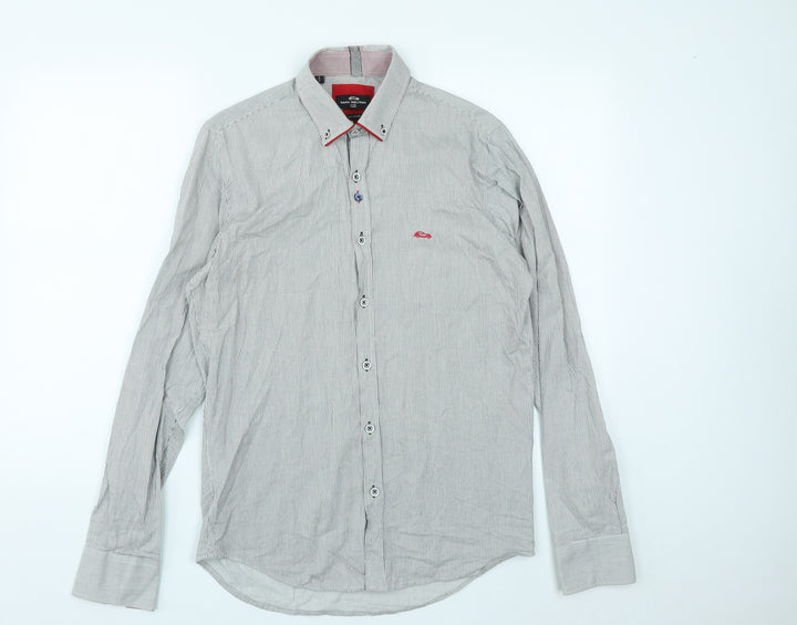 Dario Beltran Mens Grey Striped Cotton  Button-Up Size S Collared Button