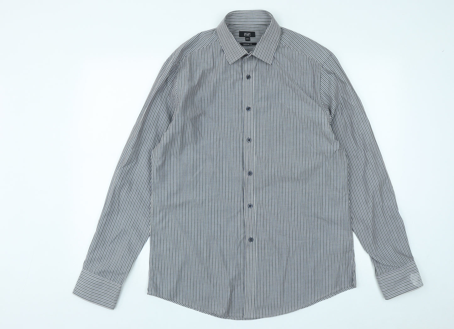 F&F Mens Multicoloured Striped Polyester  Button-Up Size 15.5 Collared Button