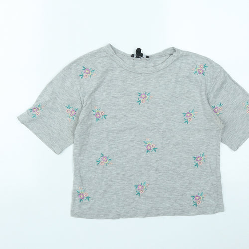 New Look Womens Grey Floral Cotton Basic T-Shirt Size 6 Round Neck