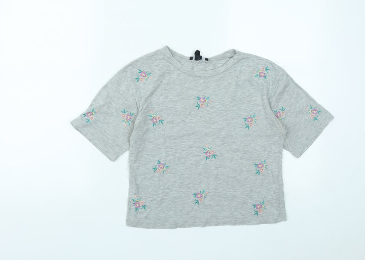 New Look Womens Grey Floral Cotton Basic T-Shirt Size 6 Round Neck
