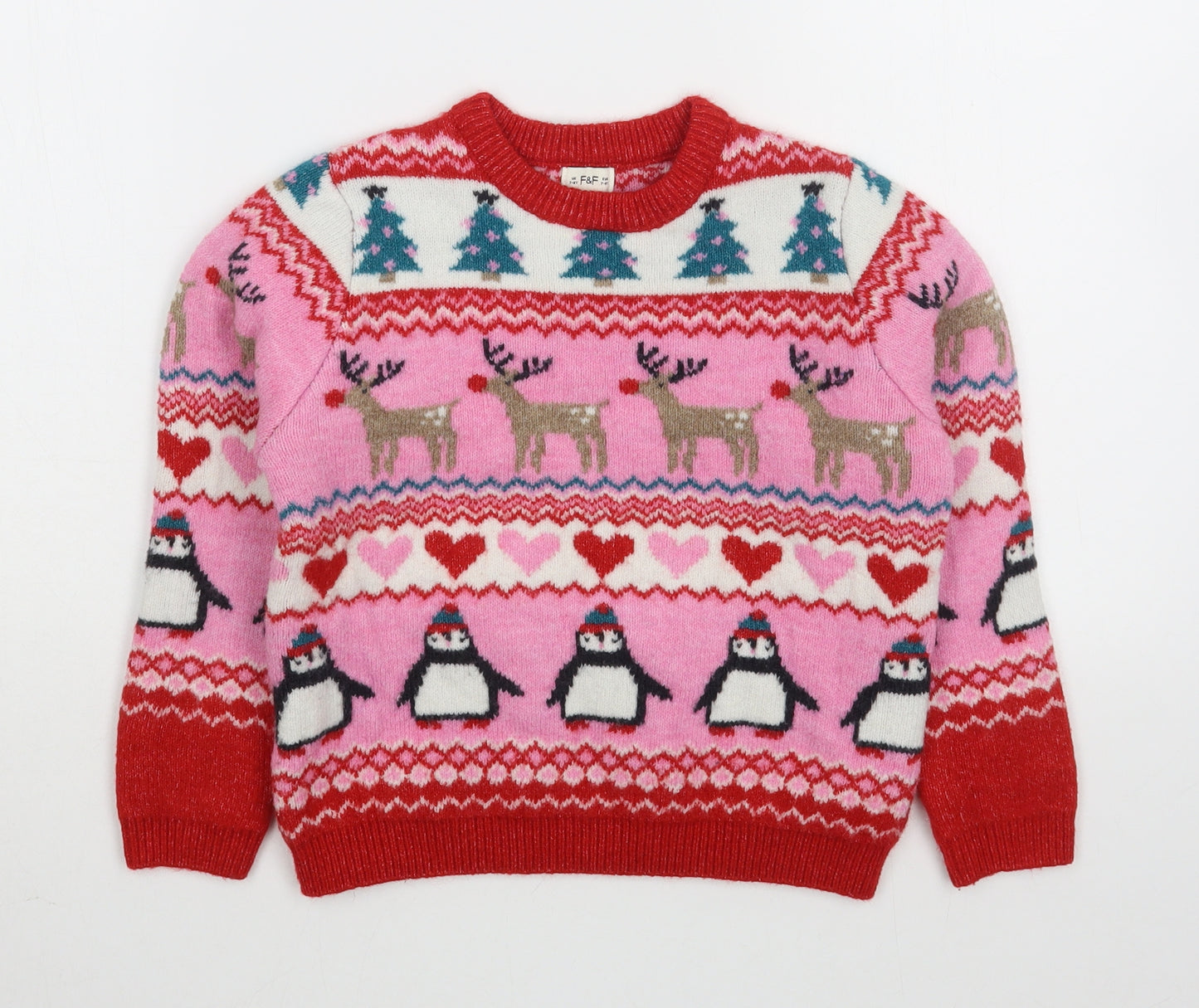F&F Girls Multicoloured Round Neck Fair Isle Polyester Pullover Jumper Size 7-8 Years  Pullover - Christmas
